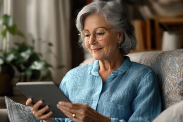 Cheerful elderly woman using tablet at home cozy living room digital communication online shopping lifestyle