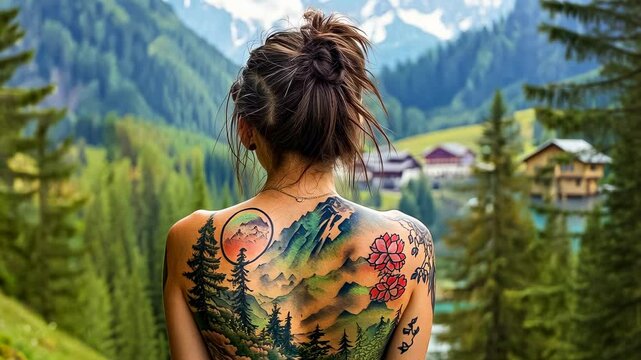 A young Asian woman admires a stunning mountain view, showcasing her vibrant back tattoo depicting nature. The serene scene reflects tranquility and connection with nature during daylight.