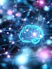 Naklejka premium Futuristic Glowing Digital Brain with Neural Network Connections – AI and Technology Concept Background 