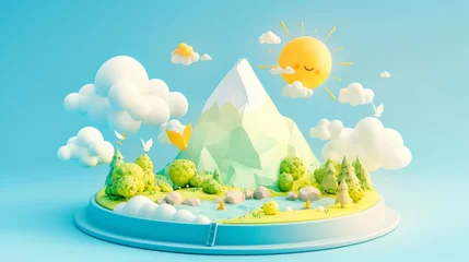 Fotobehang 3D Rendering of a Kid’s Podium with Mountains, Forest, Clouds, and Sun, Ideal for Children's Play or Award Ceremony © kkkiim graphic