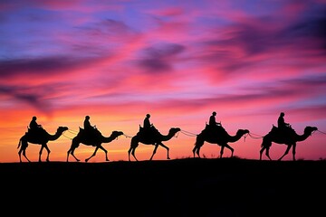 Silhouetted camels, riders, sunset sky.