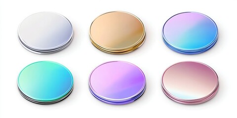 A set of blank holographic foil round sticker labels isolated on a white background