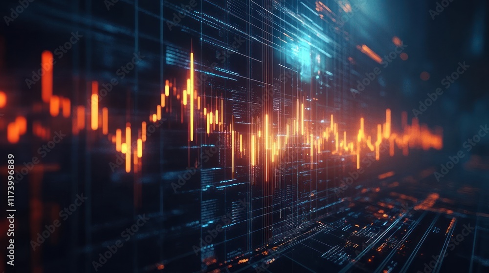 Aufkleber futuristic financial data visualization in cyberpunk style with trading business graphs and dramatic