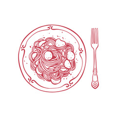 Hand drawn pasta with zucchini on a plate with fork. Italian cuisine illustration in sketch style