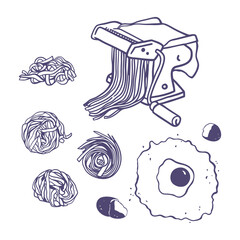 Pasta making machine hand drawn illustration. Set of kitchen device, fresh pasta and ingredients