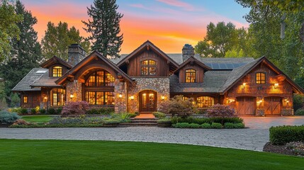 Luxury Mountain Home at Sunset: A Majestic Residence Nestled in Nature's Embrace