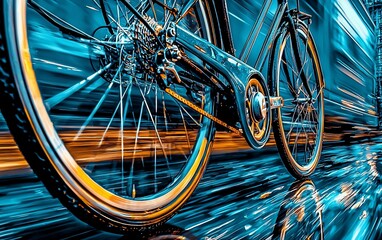Fast-moving bicycle on wet city street at night.
