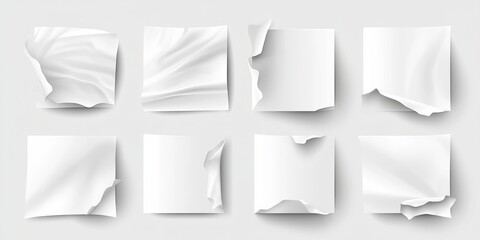 Obraz premium A set of white crumpled stickers with curled corners These blank adhesive labels showcase wrinkled and creased effects in a 3D realistic design