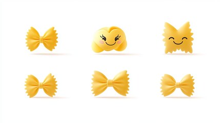 Cartoon farfalle pasta characters with cheerful faces resembling kawaii Italian noodles shaped like bows
