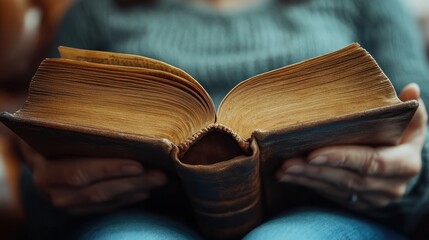 A person reading a vintage book, showcasing its worn pages and textured cover.