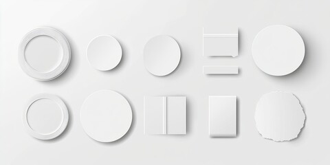 Circle adhesive tags featuring white paper stickers with peeling corners Includes isolated plastic mockups in vector format