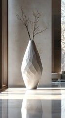 Faceted vase with dry branches on polished floor, sunlit.