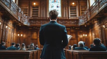 A courtroom scene with a man standing before an audience, likely delivering a statement.