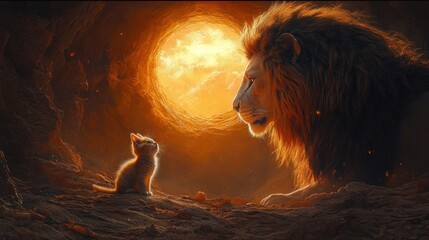 A kitten gazes at a lion, discovering inner strength and embarking on a journey of personal growth and transformation