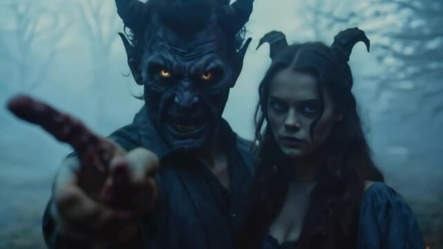 Two demons watching. Strange man shows index finger. Spooky woman looking. Horror fantasy genre. 