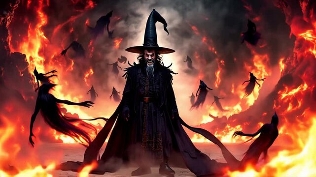 Creepy warlock in big hat stands surrounded by spirits. Horror fantasy genre. Spooky video for Halloween.