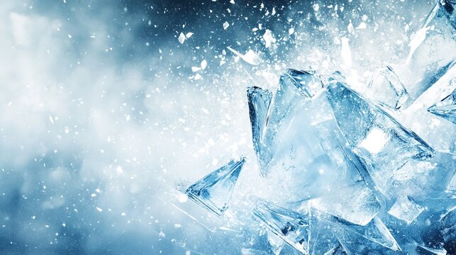 Exploding ice fragments on blue background with cold, snowy effect.
