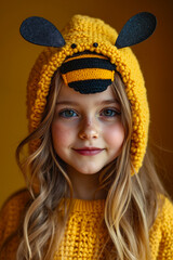 A little girl wearing a yellow knitted bee hat