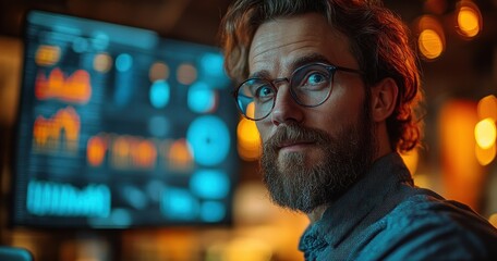 Diverse Female Tech Expert Using Laptop in Modern Office with Digital Screen and Blue Lighting