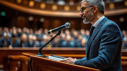 A speaker addresses an audience in a formal setting, possibly a legislative assembly.