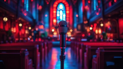 A microphone stands in a dimly lit church, creating an atmospheric setting for a performance.