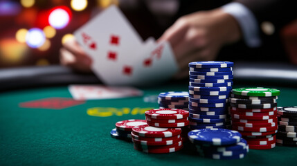 A close-up of poker chips in vibrant hues, stacked on a sleek gaming table, as a croupierâs blurred hands deal cards in the background.