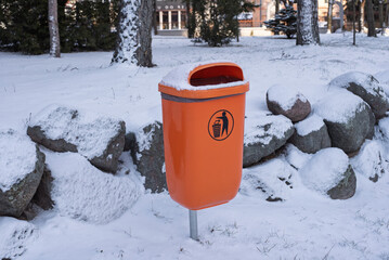 Trash Bin in the Snow, Trash Container in the Park
