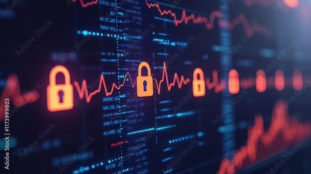 Aufkleber a digital visualization of cybersecurity, featuring padlocks and fluctuating data patterns, symboliz