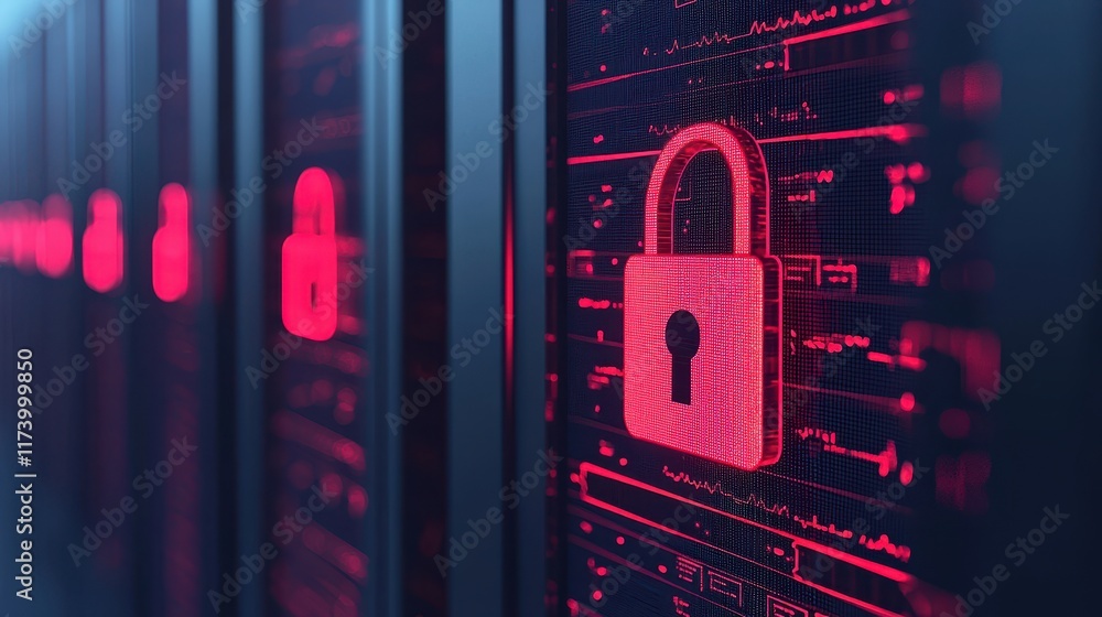 Poster a close-up view of digital locks against a backdrop of glowing data lines, symbolizing cybersecurity