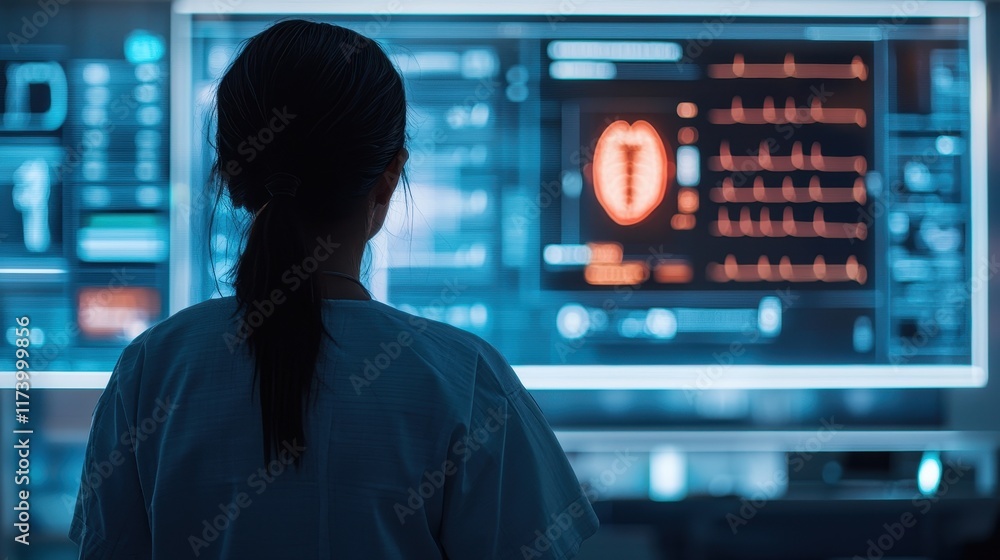 Poster a person observes digital data on a futuristic screen, showcasing health metrics and security featur