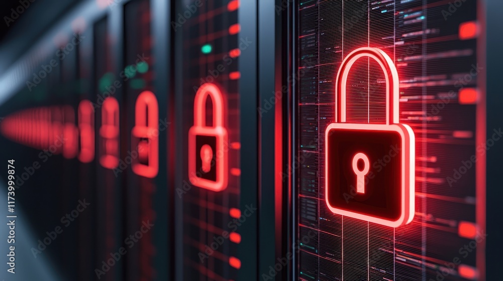 Poster a close-up view of digital locks on servers, symbolizing cybersecurity and data protection in a mode