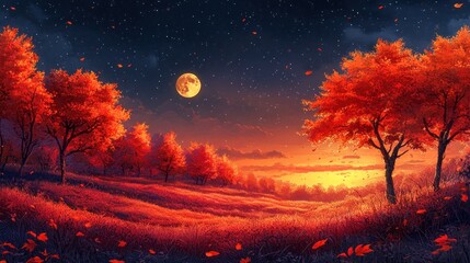 Vibrant Autumn Foliage under Full Moon and Starry Night Sky in Serene Landscape