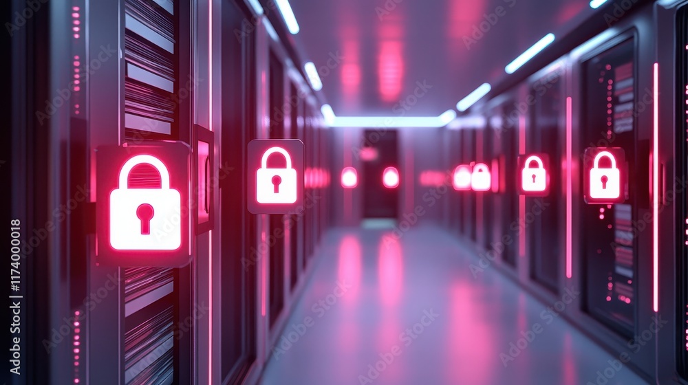 Aufkleber a corridor of servers illuminated by red lights, featuring locked icons, symbolizing data security a