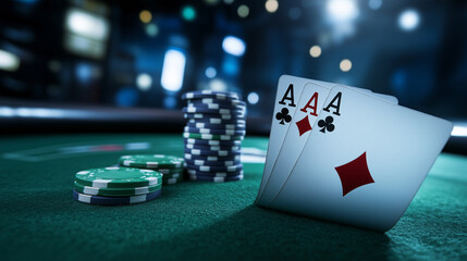 Obraz premium The dealer presents a crisp pair of aces, the green felt table and stacks of chips behind them fading into a soft blur.