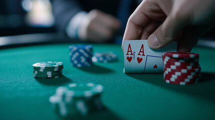 The dealer presents a crisp pair of aces, the green felt table and stacks of chips behind them fading into a soft blur.