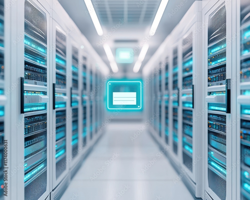 Poster a modern server room with rows of data storage units illuminated by blue lights, showcasing advanced