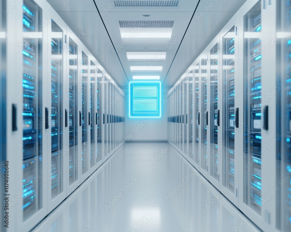 Poster a modern data center corridor showcasing rows of servers with blue led lights, emphasizing advanced 