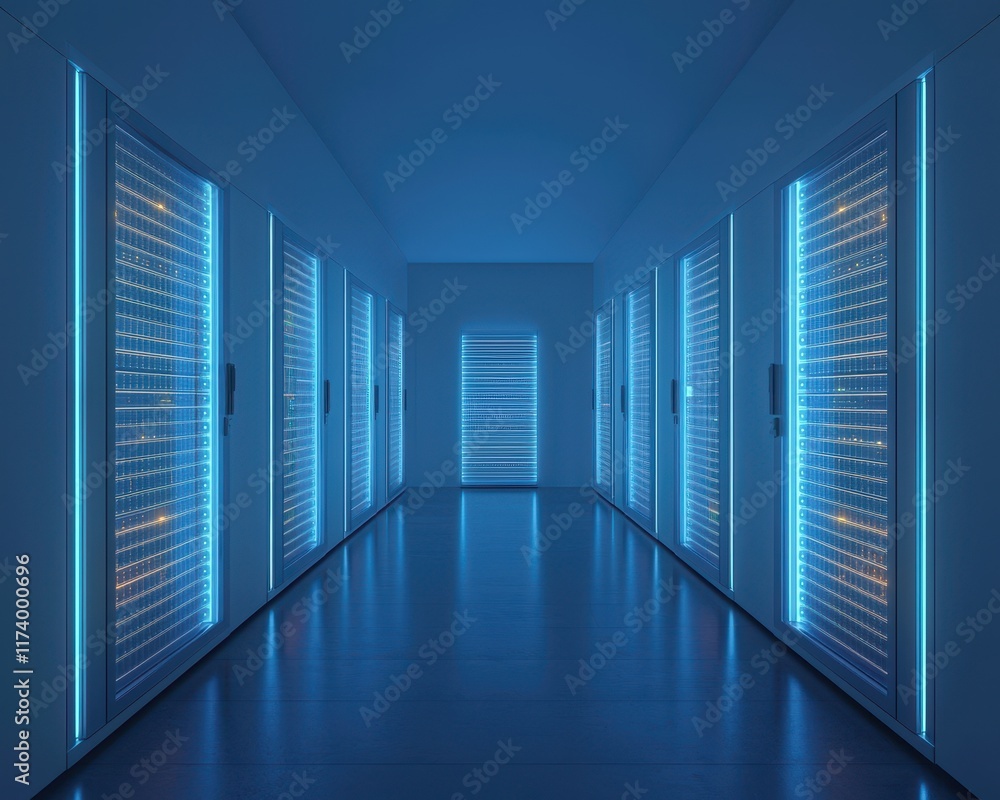 Poster a futuristic corridor illuminated by blue lights, featuring multiple doors that create an enigmatic 