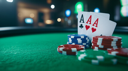 Sharp focus on the pair of aces in a dealer&acirc;s hand, contrasting with a blurred green poker table and chips, creating a sense of anticipation.