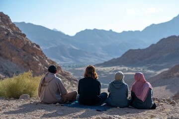 Four people seated, mountain vista behind.
