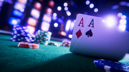 A cinematic focus on a pair of aces in the dealer&acirc;s hand, while the green felt table and colorful chips form a blurred backdrop.