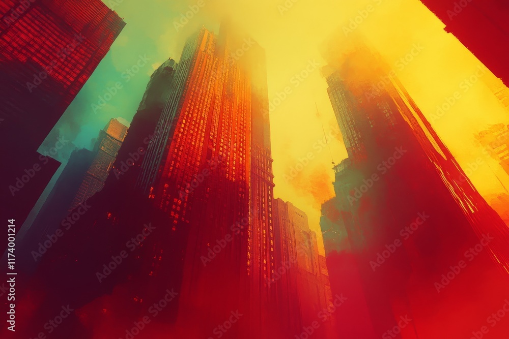 Poster city skyline with vibrant colors creating an abstract view in a foggy setting during twilight hours