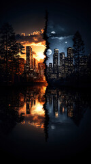 Abstract image of day and night transition, with warm golden sunlight on one side and cool blue tones of night on the other, symbolizing the balance of opposites and the cycle of time
