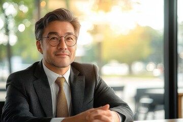 Senior Asian Businessman in Suit Sitting at Table in Modern Office with Natural Light