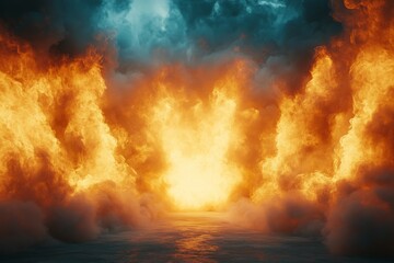 Fototapeta premium Dramatic explosion lighting up the sky with flames and smoke over water