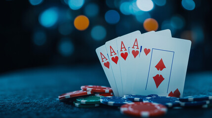 Five cards forming a royal flush of diamonds rest boldly on a poker table, with a hint of colorful poker chips creating depth in the blurred background.