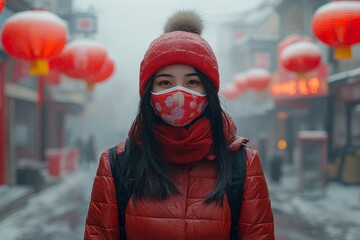 Young woman in red winter clothing stands in a festive street with lanterns during a foggy day