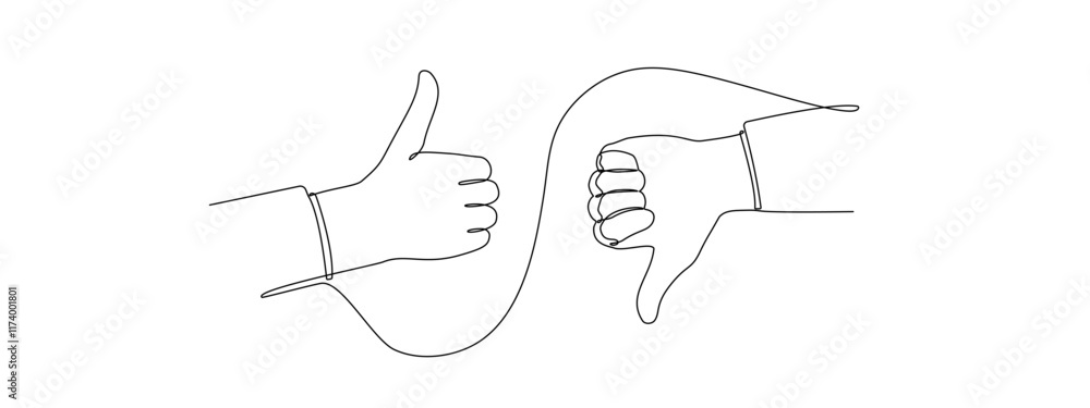 Poster thumb up and down in one continuous line. a symbol of good and evil. positive and negative gesture i