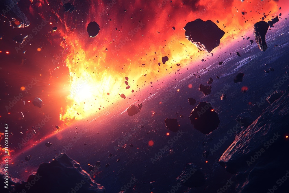 Poster explosive destruction in outer space with a dramatic view of fiery impacts and asteroid debris