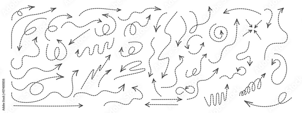 Poster Set of curved arrows with dotted lines. A collection of zigzag arrows with dotted lines, curved pointers indicating a complex path . Vector design